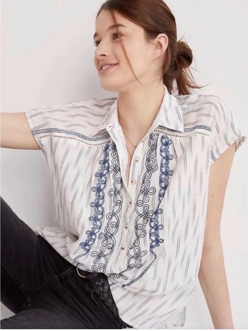 Pilcro Embroidered Cotton Blouse S Boho Coastal Cottagecore